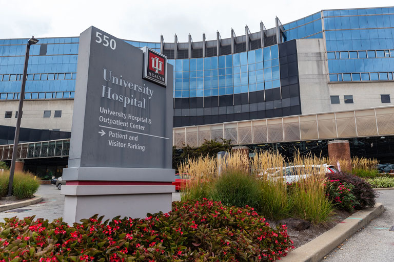 An image of the front of the IU School of Medicine.