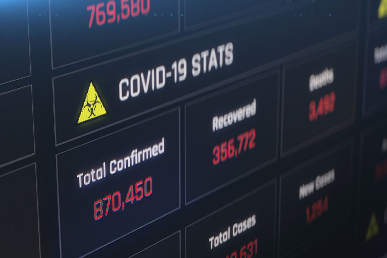 A computer screen displaying statistics around COVID-19.