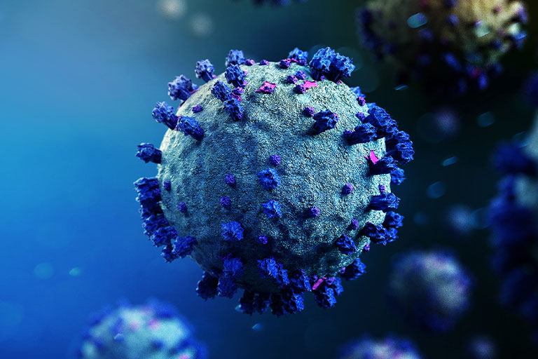 A three-dimensional representation of the COVID-19 virus.